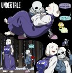  1girl 2boys animal_ears arms_behind_back back-to-back barefoot black_background black_sclera black_shorts blue_jacket blush body_fur bouquet carrying cel_shading colored_sclera copyright_name drawstring fangs fewer_digits floppy_ears flowey_(undertale) frisk_(undertale) from_side full_body furry furry_female furry_with_non-furry goat_ears goat_girl goat_horns grin hand_in_pocket hand_up hiding highres holding holding_bouquet hood hood_down hooded_jacket horns interspecies jacket kamezaemon legs_apart multiple_boys multiple_views one_eye_closed open_clothes open_jacket open_mouth papyrus_(undertale) peeking_out pink_footwear princess_carry profile purple_robe red_eyes robe sans shirt shorts skeleton skin_fangs slippers smile socks speech_bubble standing sweatdrop toriel translated tree undertale upper_body white_eyes white_fur white_shirt white_socks wide_sleeves 