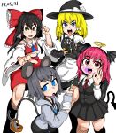  4girls :d animal_ears apron ascot basket bibian_(cookie) black_gloves black_hair black_headwear black_ribbon black_skirt black_vest blonde_hair blue_ascot blue_eyes blush bow breasts buttons clenched_hand collared_shirt commentary_request cookie_(touhou) crystal dated demon_girl demon_tail demon_wings detached_sleeves fake_nyon_(cookie) feet_out_of_frame frilled_bow frilled_hair_tubes frills gloves grey_hair grey_hoodie hair_between_eyes hair_bow hair_tubes hakurei_reimu halo hat hat_bow head_wings holding holding_notebook holding_pencil hood hood_down hoodie jewelry kinu_(cookie) kirisame_marisa koakuma long_hair long_sleeves looking_at_viewer medium_bangs mouse mouse_ears mouse_girl mouse_tail mugi_(cookie) multiple_girls nazrin neck_ribbon necktie notebook open_mouth pencil pendant poison puffy_short_sleeves puffy_sleeves red_bow red_eyes red_hair red_necktie red_shirt red_skirt ribbon ribbon-trimmed_sleeves ribbon_trim shirt short_hair short_sleeves sidelocks simple_background skirt skirt_set sleeveless sleeveless_shirt small_breasts smile tail teeth tetugakuzonbi touhou upper_teeth_only v-shaped_eyebrows vest waist_apron white_apron white_background white_bow white_shirt white_sleeves wide_sleeves wings witch_hat yellow_halo 
