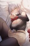  2girls bare_shoulders bed_sheet breasts cleavage commentary_request female_pov highres huge_breasts multiple_girls on_bed original pillow pov shio_kouji_(shiokojii) skirt thighhighs white_hair yellow_eyes yuri 