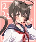  1girl :o absurdres ahoge animal_ear_fluff animal_ears black_hair blush cat_day cat_ears cat_tail collarbone dated extra_ears fang hibiki_tohru highres idolmaster idolmaster_cinderella_girls kemonomimi_mode kohinata_miho looking_at_viewer neckerchief paw_pose paw_print red_neckerchief school_uniform serafuku short_hair simple_background skin_fang solo tail upper_body 