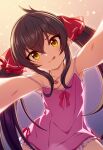  1girl :q black_hair flat_chest from_below fuu_(koneko_no_yomeiri) hair_ribbon heart heart_necklace idolmaster idolmaster_cinderella_girls jewelry long_hair looking_at_viewer matoba_risa necklace nightgown pink_nightgown ribbon smile solo tongue tongue_out twintails yellow_eyes 