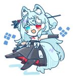  1girl a.i._voice animal_ears arrow_(projectile) arrow_hair_ornament asymmetrical_bangs black_gloves black_pantyhose black_skirt blue_eyes blue_hair chibi colored_eyelashes commentary_request elbow_gloves fox_ears fox_tail fu-ren gloves hair_behind_ear hamaya heterochromia highres long_hair looking_at_viewer no_sclera outstretched_arms pantyhose pleated_skirt red_eyes sandals shirt short_eyebrows simple_background single_sidelock skirt sleeveless sleeveless_shirt solo spread_arms tail tange_kotoe_(a.i._voice) two_side_up v-shaped_eyebrows very_long_hair white_background white_shirt zouri 