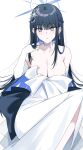  1girl bare_shoulders black_hair blue_archive blue_eyes blue_hair blue_halo breasts choker cleavage collarbone colored_inner_hair commentary_request dress earrings elbow_gloves gloves halo highres jewelry kinona large_breasts looking_at_viewer multicolored_hair official_alternate_costume saori_(blue_archive) saori_(dress)_(blue_archive) simple_background solo two-tone_hair white_background white_choker white_dress white_gloves 