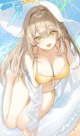  1girl bikini blue_archive blush breasts cleavage green_eyes green_halo halo haruri hat highres large_breasts light_brown_hair long_hair looking_at_viewer nonomi_(blue_archive) nonomi_(swimsuit)_(blue_archive) open_mouth smile solo swimsuit white_headwear yellow_bikini 