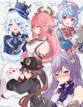  5girls :d absurdres ahoge animal_ears ascot black_headwear black_shirt blue_ascot blue_eyes blue_hair blue_headwear blue_jacket boo_tao_(genshin_impact) brooch brown_hair commentary_request cone_hair_bun engasaki_sakura fox_ears furina_(genshin_impact) genshin_impact gloves grey_background grin hair_bun hat highres hu_tao_(genshin_impact) jacket jewelry keqing_(genshin_impact) long_hair looking_at_viewer multiple_girls nontraditional_miko open_mouth pink_hair purple_eyes purple_gloves purple_hair red_eyes shirt sigewinne_(genshin_impact) sleeveless sleeveless_shirt smile top_hat translation_request twintails upper_body very_long_hair white_gloves white_shirt yae_miko 