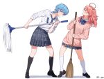 &gt;_&lt; 14_(vision5032) 2girls absurdres ahoge alternate_costume black_footwear black_socks blue_bow blue_hair blue_necktie bow bowtie broom closed_eyes collared_shirt grey_skirt hair_between_eyes hashtag_only_commentary highres holding holding_broom holding_mop hololive hoshimachi_suisei kneehighs leaning_back leaning_forward legs_apart loafers long_hair long_sleeves miniskirt mop multiple_girls music necktie necktie_in_pocket one_side_up open_mouth parted_bangs pink_hair pink_sweater plaid plaid_skirt pleated_skirt sakura_miko school_uniform shirt shoes short_hair simple_background singing skirt sleeves_past_wrists sleeves_rolled_up socks standing sweater teeth twitter_username upper_teeth_only v-neck virtual_youtuber white_background white_shirt white_socks 