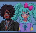  1boy 1girl art_program_in_frame black_collar black_hair black_jacket blue_hair bow chain collar commentary_request cropped_torso dark-skinned_male dark_skin drill_hair hair_between_eyes hair_bow hair_over_one_eye highres hood hood_down hoodie idol_land_pripara jacket katasumi_amari korean_commentary lau_(laustar30) long_hair looking_at_viewer mario_(pripara) mixed-language_commentary open_mouth pink_bow pink_eyes pretty_series pripara purple_background purple_hoodie red_eyes short_hair smile surprised sweatdrop tongue tongue_out twin_drills twintails upper_body very_long_hair wide-eyed 