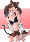  1girl animal_ears barefoot black_bra blush bra brown_eyes brown_hair cat_ears cat_tail fang hair_between_eyes highres holding_own_tail kabayaki_namazu kantai_collection long_hair looking_at_viewer open_clothes open_mouth open_shirt pleated_skirt ryuujou_(kancolle) shirt simple_background sitting skirt solo tail twintails two-tone_background underwear 