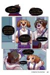 bastriw bodily_fluids brown_eyes canid canine canis clothing comic dani_(bastriw) dialogue domestic_dog female fernando_(bastriw) hi_res male mammal nervous sweat sweatdrop text yellow_eyes