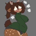 1:1 anthro big_breasts blush bodily_fluids bottomwear braindeadkara breasts bulge clothing deer female gynomorph hair hi_res humanoid intersex lactating mammal mocha_(braindeadkara) nervous ponytail shorts simple_background solo steam sweater thick_thighs topwear wide_waist