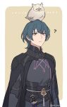  ... 1boy ? animal animal_on_head armor bird bird_on_head black_armor black_cape blue_eyes blue_hair byleth_(fire_emblem) byleth_(male)_(fire_emblem) cape closed_mouth commentary feh_(fire_emblem_heroes) fire_emblem fire_emblem:_three_houses fire_emblem_heroes hair_between_eyes highres looking_at_another looking_up male_focus on_head owl short_hair symbol-only_commentary twitter_username un_tapoi 