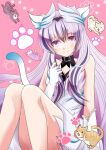 1girl animal_ears bare_shoulders black_choker black_hair cat cat_day cat_ears cat_tail choker closed_mouth dress fire_emblem fire_emblem_engage gloves grey_hair hair_between_eyes highres long_hair looking_at_viewer multicolored_hair paw_print paw_print_background pink_background purple_eyes sleeveless sleeveless_dress smile sylphy_fe tail two-tone_hair veyle_(fire_emblem) white_dress white_gloves wing_hair_ornament 