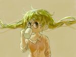  1girl arm_at_side blonde_hair commentary_request cup floating_hair hand_up holding holding_cup kezuru long_hair looking_to_the_side messy_hair mug orange_eyes orange_pajamas original pajamas round_eyewear simple_background single_bare_shoulder solo upper_body very_long_hair yellow_background 