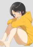  1girl absurdres barefoot black_hair blue_eyes blush breasts feet furuneo10 grey_background highres hololive hood hoodie knees_up long_sleeves looking_at_viewer oozora_subaru short_hair simple_background sitting solo swept_bangs toes virtual_youtuber yellow_hoodie 