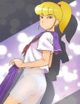  1girl blonde_hair character_request closed_mouth haruyama_kazunori looking_at_viewer medium_hair panties ponytail retro_artstyle see-through skirt solo underwear white_panties 