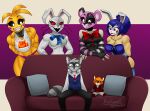 anthro avian bird chicken e4hargus female five_nights_at_freddy&#039;s five_nights_at_freddy&#039;s_2 furniture galliform gallus_(genus) group hi_res lagomorph leporid looking_at_viewer male mammal meme open_mouth phasianid piper_perri_surrounded procyonid rabbit raccoon red_eyes scottgames sofa toy_chica_(fnaf) vanny_(fnaf) whiskers