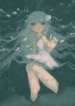 1girl air_bubble arm_at_side bare_legs bare_shoulders barefoot brown_eyes bubble commentary_request dress floating_hair grey_hair hand_up highres kezuru long_hair looking_at_viewer no_nose no_sclera original parted_lips solo sundress toes underwater very_long_hair white_dress 