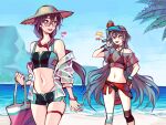  2girls absurdres alternate_costume bag bare_shoulders beach bikini black_bikini black_choker black_shorts black_sports_bra blue_eyes blue_hair blue_sky catsanie choker coconut_tree fu_hua fu_hua_(herrscher_of_sentience) glasses green_shorts green_sports_bra grey_hair hair_between_eyes hand_on_own_hip hat highres holding holding_bag holding_water_gun honkai_(series) honkai_impact_3rd island jacket jacket_over_swimsuit jewelry light_blush long_hair looking_at_another low-tied_long_hair low_ponytail midriff multicolored_clothes multicolored_hair multicolored_shorts multicolored_sports_bra multiple_girls navel necklace object_on_head ocean off_shoulder open_clothes open_jacket open_mouth palm_tree pink_bag playing_sports ponytail red_eyes see-through short_shorts shorts sky sleeveless sports_bra stomach straw_hat streaked_hair swimsuit thighs tree visor_cap water_gun white_hair yellow_pupils 