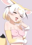  1girl absurdres animal_ears bare_shoulders blonde_hair blush breasts brown_eyes cleavage commentary covered_nipples cutoffs extra_ears fang fennec_(kemono_friends) fox_ears fox_tail gloves highres kemono_friends kemono_friends_2 kemono_friends_3 large_breasts looking_at_viewer masuyama_ryou midriff multicolored_hair naughty_face navel open_mouth pink_tube_top saliva saliva_trail short_hair short_sleeves smile solo stomach strapless tail tongue tongue_out tube_top white_hair 