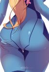  1girl \||/ artist_name ass ass_focus blonde_hair blue_bodysuit bodysuit breasts english_commentary from_behind himmely legs_together long_hair metroid patreon_username ponytail samus_aran shadow sideboob solo standing thigh_gap thighs white_background 