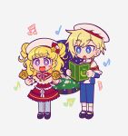  1boy 1girl :d :o bell beret black_footwear blonde_hair blue_eyes blue_pants blush book bright_pupils brother_and_sister capelet chibi dress full_body grey_pantyhose hat hat_ornament highres holding holding_bell holding_book idol_time_pripara jingle_bell lau_(laustar30) long_hair long_sleeves looking_at_viewer musical_note open_book open_mouth pants pantyhose pretty_series pripara purple_eyes red_capelet red_dress ringlets sheet_music shoes short_hair siblings smile socks standing star_(symbol) star_hat_ornament tree two_side_up white_headwear white_pupils white_socks yumekawa_shogo yumekawa_yui 