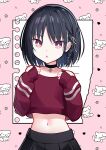  1girl :o absurdres black_hair black_skirt cropped_sweater highres horikita_suzune jianzu looking_at_viewer navel paper pleated_skirt red_sweater short_hair skirt solo stomach sweater youkoso_jitsuryoku_shijou_shugi_no_kyoushitsu_e 