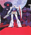  1990s_(style) 1boy beam_rifle concept_art energy_gun glowing glowing_eye glowing_eyes gundam looking_at_viewer loran_cehack machinery mecha mobile_armor mobile_suit moon official_art one-eyed outstretched_arms painting_(medium) realistic red_eyes retro_artstyle robot scan science_fiction shield signature sumo_(mobile_suit) syd_mead traditional_media turn_a_gundam turn_a_gundam_(mobile_suit) wadom walker_(robot) weapon when_you_see_it 