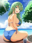  1girl ass bikini blue_bikini blush breasts day drink drinking_straw frog_hair_ornament green_eyes green_hair hair_ornament hair_tubes highres kochiya_sanae kyanta5354 lake large_breasts long_hair looking_at_viewer looking_back open_mouth outdoors sitting smile snake_hair_ornament solo sunlight swimsuit touhou tree 