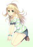  7zu7 ahoge blonde_hair blush bracelet full_body green_eyes highres hoshii_miki idolmaster idolmaster_(classic) jewelry kneehighs long_hair open_mouth shoes short_sleeves solo white_background 