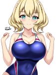  1girl blonde_hair blue_eyes blue_one-piece_swimsuit blush braid breasts colorado_(kancolle) competition_swimsuit covered_navel cowboy_shot dated hair_between_eyes highres kantai_collection large_breasts looking_at_viewer montemasa multicolored_clothes multicolored_swimsuit one-piece_swimsuit short_hair side_braids signature simple_background smile solo swimsuit twitter_username two-tone_swimsuit upper_body white_background 