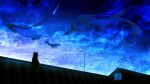  absurdres black_cat blue_sky blue_theme cat cloud comet dusk flying_whale highres hoshino_mizuki_(hoshino_263f) no_humans original radio_antenna rooftop scenery shooting_star sky star_(sky) starry_sky whale window 