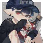  1boy baseball_cap blue_hair blue_headwear border commission covering_own_mouth earrings grey_background hat highres hoop_earrings inkling_boy inkling_player_character jewelry looking_at_viewer male_focus outside_border prat_rat red_eyes sample_watermark short_hair sitting solo splatoon_(series) splatoon_3 squeezer_(splatoon) tentacle_hair watermark white_border 