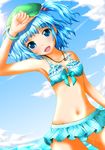  alternate_costume arm_up bikini blue_bikini blue_eyes blue_hair blue_sky bracelet cloud day frilled_bikini frills hair_bobbles hair_ornament hat highres jewelry kawashiro_nitori key looking_at_viewer navel neats necklace open_mouth sky smile solo swimsuit touhou two_side_up 