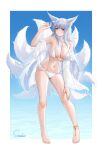  1girl absurdres animal_ear_fluff animal_ears anklet arm_up armpits azur_lane bare_shoulders barefoot between_breasts bikini blue_eyes breasts choker cleavage contrapposto fox_ears fox_girl fox_tail frilled_bikini frills front-tie_bikini_top front-tie_top full_body hand_on_own_knee highres jewelry kitsune kyuubi large_breasts long_hair looking_at_viewer multiple_tails navel off_shoulder official_alternate_costume open_clothes open_shirt parted_lips see-through shinano_(azur_lane) shinano_(dreamy_white_sands)_(azur_lane) shirt skindentation solo standing stardust_(chen&#039;ai_weiding) stomach string_bikini swimsuit tail thighs very_long_hair wet white_bikini white_choker white_hair white_shirt 