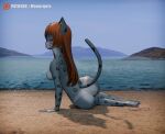 3d_(artwork) 4k absurd_res anthro beach breasts butt clothing digital_media_(artwork) felid female hi_res mammal medium_breasts momo_(monarquis) monarquis nude pantherine pinup pose sand seaside snow_leopard solo swimwear water