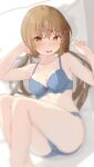  1girl blue_bra blue_panties blurry bra breasts brown_eyes brown_hair cleavage depth_of_field feet_out_of_frame hair_ornament hairclip highres kantai_collection long_hair low_twintails lying medium_breasts panties sakieko solo tashkent_(kancolle) twintails underwear underwear_only 