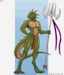 absurd_res anthro barbarian better_version_at_paywall blue_body blue_skin bottomwear clothed clothing digital_media_(artwork) dreycothewyrm green_body green_skin hi_res horn loincloth male melee_weapon muscular muscular_anthro muscular_male polearm reptile reptile_cynrik scalie solo spear tail topless weapon