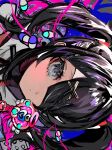  1girl absurdres ame-chan_(needy_girl_overdose) black_hair blister_pack closed_mouth grey_eyes hair_ornament hair_over_one_eye highres long_hair looking_at_viewer momae_makku needy_girl_overdose pien_cat_(needy_girl_overdose) pill portrait sideways solo twintails wand x_hair_ornament 