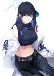  1girl absurdres baseball_cap black_hair black_headwear black_pants black_shirt blue_archive blue_eyes breasts closed_mouth halo hat highres jacket long_hair long_sleeves looking_at_viewer medium_breasts navel open_clothes open_jacket pants saori_(blue_archive) shirt simple_background sleeveless sleeveless_shirt solo stomach white_background white_jacket yanyo_(ogino_atsuki) 