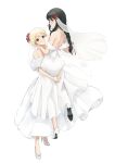  2girls absurdres alternate_hairstyle bare_back bare_shoulders black_hair blonde_hair braid breasts carrying carrying_person chinese_commentary closed_mouth collarbone commentary_request dress flower full_body hair_flower hair_ornament high_heels highres inoue_takina long_hair looking_at_viewer lycoris_recoil medium_breasts mian_li multiple_girls nishikigi_chisato off-shoulder_shirt off_shoulder purple_eyes red_eyes scene_reference shirt sidelocks simple_background single_braid spider_lily veil wedding_dress white_background white_dress white_footwear wife_and_wife yuri 