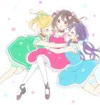  3girls ayase_eli black_choker black_footwear black_hair blonde_hair blue_bow blue_dress bow choker closed_eyes closed_mouth dots dress dress_bow earrings flats floating frilled_dress frills gloves green_bow green_dress hair_bow hatena_heartbeat hug jewelry long_hair looking_at_viewer love_live! multiple_girls open_mouth pantyhose pink_bow pink_dress ponytail profile purple_hair red_eyes sakuranbo_remi short_hair short_twintails simple_background stud_earrings thigh_strap toujou_nozomi twintails white_background white_bow white_gloves white_pantyhose yazawa_nico yuri 