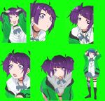  1girl blush diagonal_bangs expression_chart green_background hat highres idolmaster idolmaster_shiny_colors jacket looking_at_viewer multiple_views ogasawara open_mouth pleated_skirt purple_eyes purple_hair purple_lips school_uniform simple_background skirt tanaka_mamimi twintails 