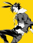  1boy animal_ears drawstring fate/grand_order fate_(series) greyscale_with_colored_background hair_between_eyes hood hooded_jacket jacket kotobuki_toro long_sleeves looking_back male_focus mandricardo_(fate) multicolored_hair rabbit_ears rabbit_tail streaked_hair tail teeth upper_teeth_only yellow_background 