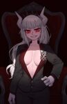  1girl absurdres blunt_bangs breasts chair commentary crown english_commentary glaring gloves grin hand_on_own_hip hellk111 helltaker highres horns long_hair looking_at_viewer lucifer_(helltaker) mole mole_under_eye red_eyes smile solo white_gloves white_hair 