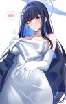  1girl bare_shoulders black_bow black_hair blue_archive blue_eyes blue_hair blue_halo blush bow breasts choker cleavage closed_mouth collarbone colored_inner_hair commentary_request dress earrings elbow_gloves embarrassed eternity_(shadeh) flying_sweatdrops from_below gloves halo highres jewelry large_breasts looking_at_viewer multicolored_hair official_alternate_costume ring saori_(blue_archive) saori_(dress)_(blue_archive) simple_background solo spoken_blush upper_body waist_bow white_background white_choker white_dress white_gloves 
