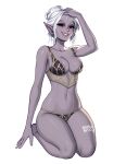  1girl artist_name baldur&#039;s_gate baldur&#039;s_gate_3 bare_arms bare_shoulders blush blushyspicy breasts cleavage collarbone colored_skin dark_elf dungeons_and_dragons elf freckles full_body grey_skin hair_bun hand_in_own_hair hand_up karlach lae&#039;zel large_breasts looking_at_viewer minthara navel outline panties pointy_ears red_eyes seiza shadowheart_(baldur&#039;s_gate) short_hair simple_background single_hair_bun sitting smile solo transparent_background underwear underwear_only white_hair white_outline 