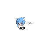  1girl :3 animal_ear_fluff animal_ears asymmetrical_legwear black_thighhighs blue_eyes blue_hair blue_ribbon blue_socks cat_day cat_ears chibi closed_mouth commentary_request full_body grey_jacket grey_skirt hair_ribbon highres hololive hoshimachi_suisei hoshimachi_suisei_(1st_costume) jacket kemonomimi_mode kneehighs knees_up medium_hair negative_space plaid plaid_jacket ribbon seiya_korokoro sidelocks simple_background single_kneehigh single_sock sitting skirt socks solo tears thighhighs translation_request uneven_legwear virtual_youtuber white_background 