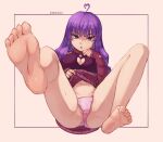  1girl artist_name barefoot blush breasts clothes_lift copyright_request feet foot_focus lifted_by_self navel open_mouth panties pink_panties purple_eyes purple_hair pussy pussy_peek seraziel spread_legs toes underwear 