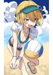  1girl absurdres ball bare_legs blonde_hair blush bracelet breasts cleavage fang haruyuki_(gffewuoutgblubh) highres idolmaster idolmaster_shiny_colors jewelry medium_breasts microskirt navel outdoors red_eyes saijo_juri sandals shirt short_hair skirt solo sweat tied_shirt toes visor_cap volleyball volleyball_(object) white_background 