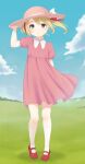  1girl ana_(mother) blonde_hair child closed_mouth dress happy hat highres looking_at_viewer low_twintails mary_janes mother_(game) mother_1 outdoors pink_dress shifumame shoes short_hair smile solo twintails 
